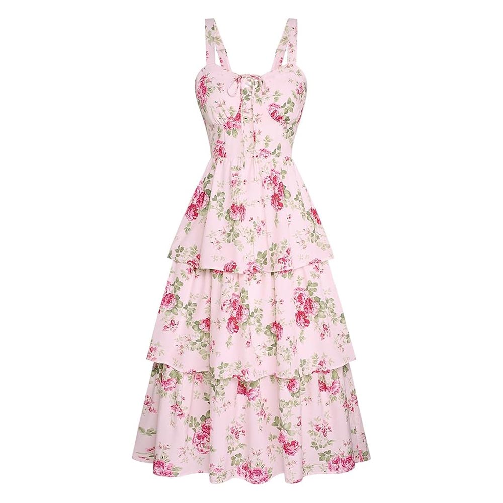 Tiered Sleeveless Lace Up Corset Sundress
