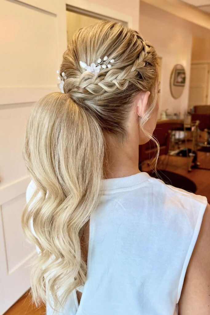 Braided Crown with Wavy Ponytail