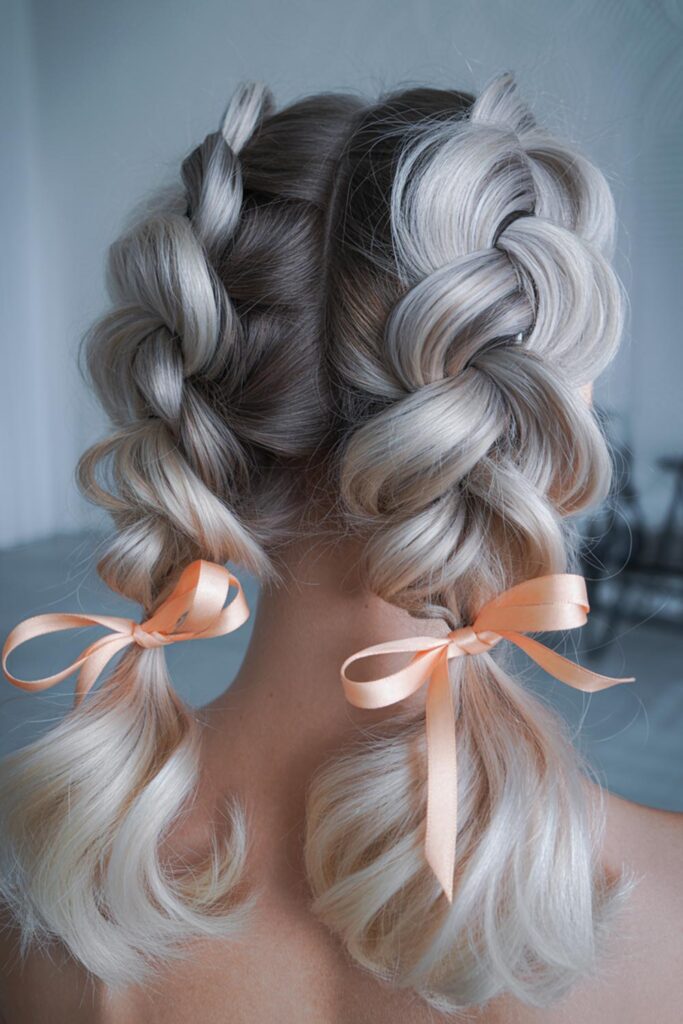 Playful Double Dutch Braids with Ribbon Ties