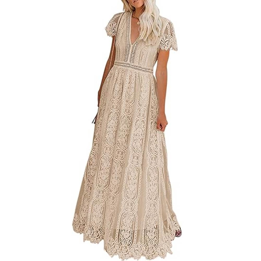 V Neck Short Sleeve Floral Lace Dress