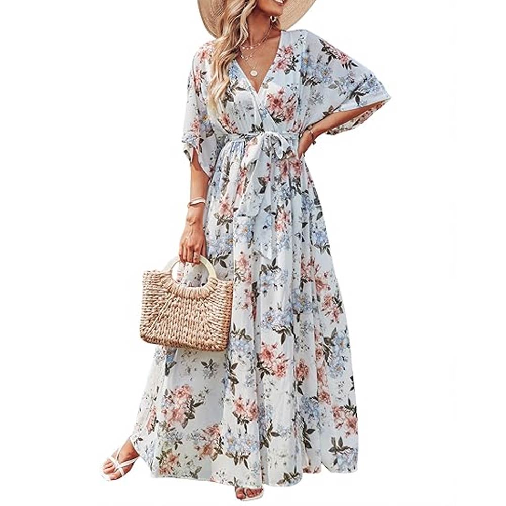 Flowy Wrap V Neck 3/4 Sleeve Dress