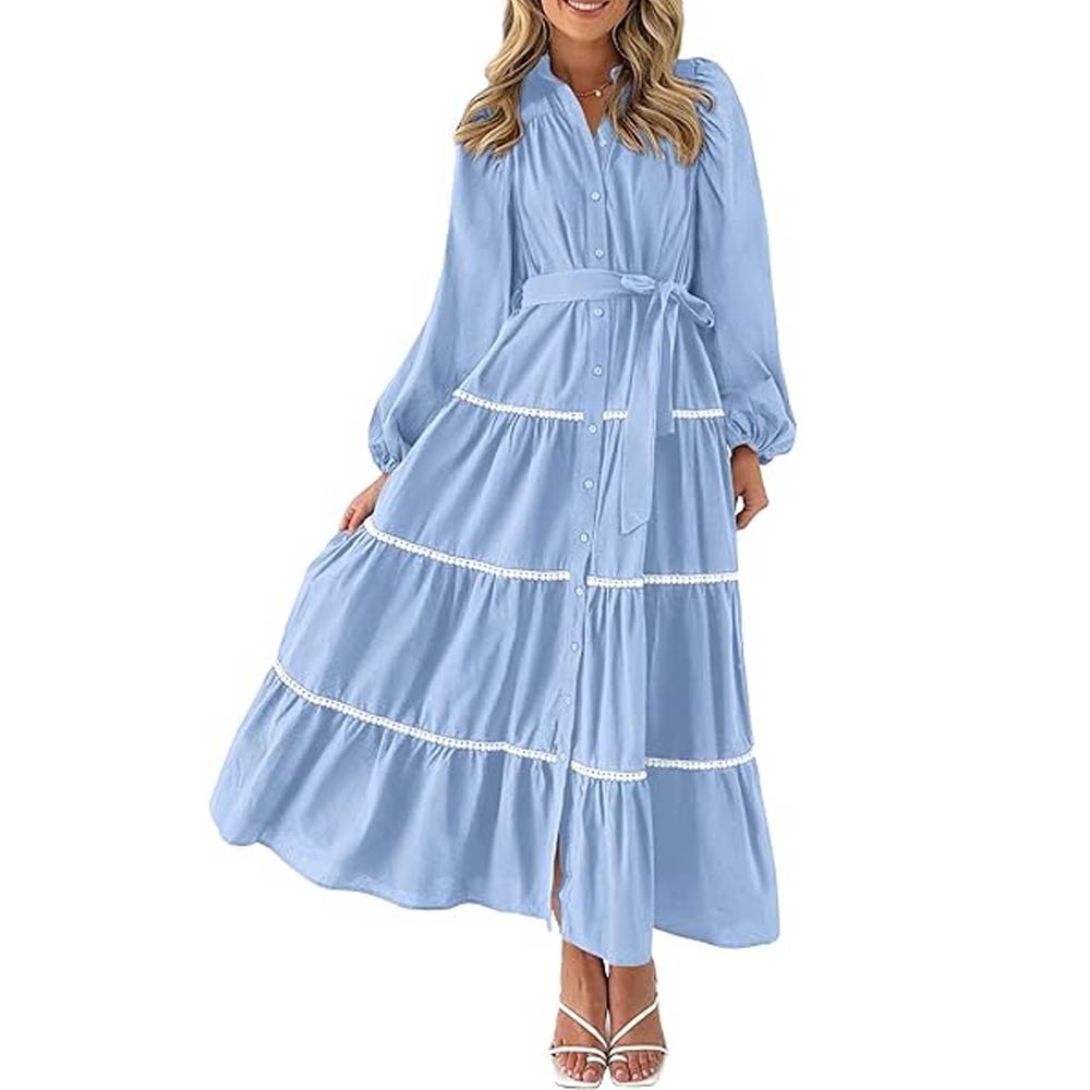 Loose Belted Long Lantern Sleeve Dress