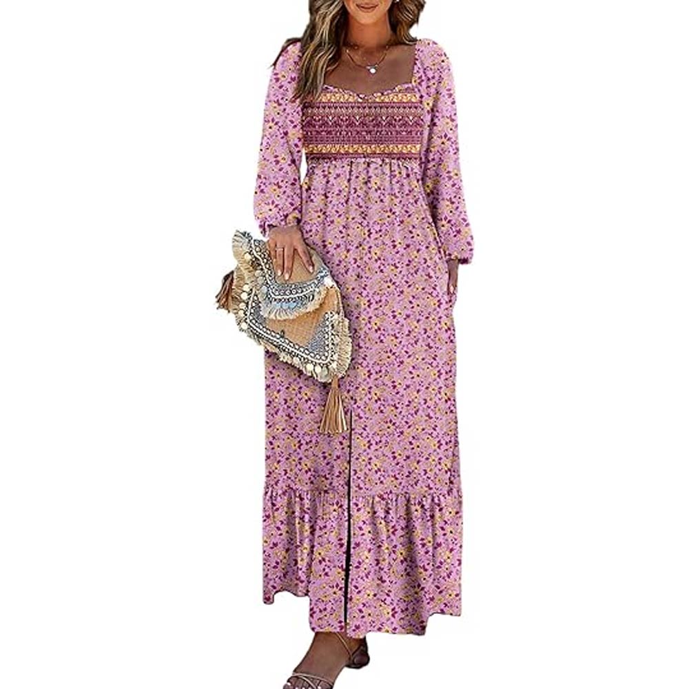 Floral Smocked Square Neck Long Sleeve Dress