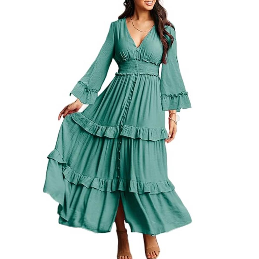 V Neck Long Sleeve Boho Maxi Dress