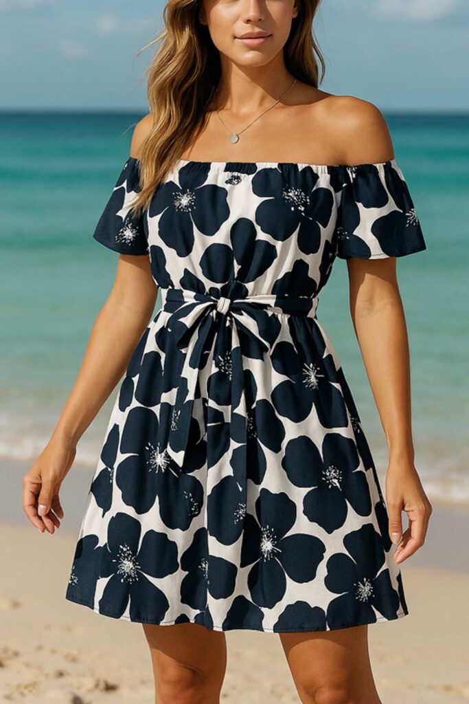 Off-shoulder belted sundress for hot summer days