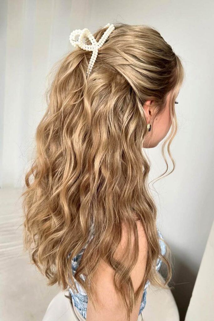 Half-Up Waves with Pearl Bow Clip