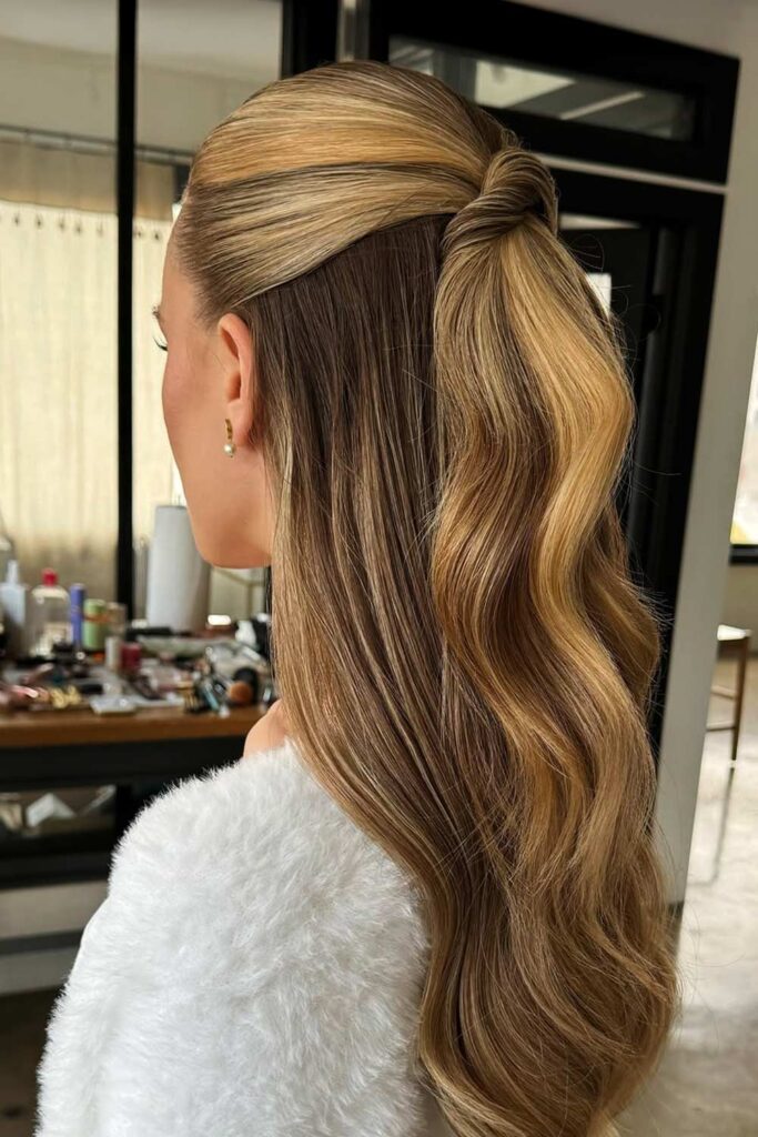 Polished Half-Up Twist with Glossy Waves