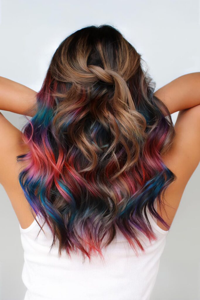Brown Hair with Hidden Rainbow Ombre Highlights