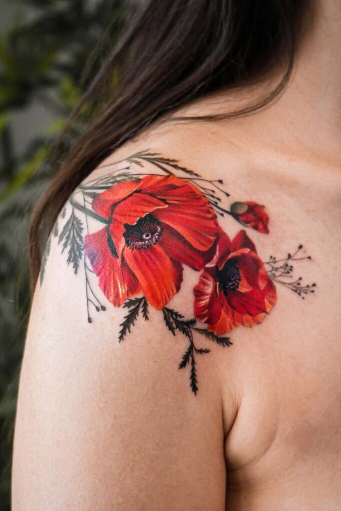 Poppy Shoulder Tattoo in Watercolor Style