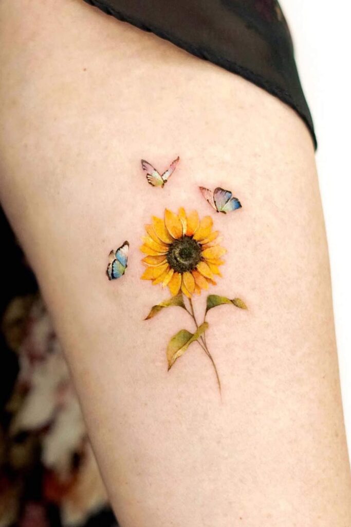 Sunflower and Butterflies Watercolor Tattoo 