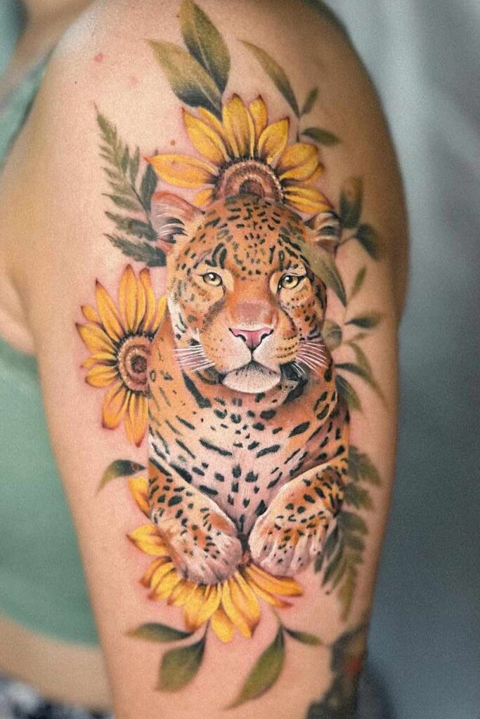 Tiger with Sunflowers Watercolor Tattoo