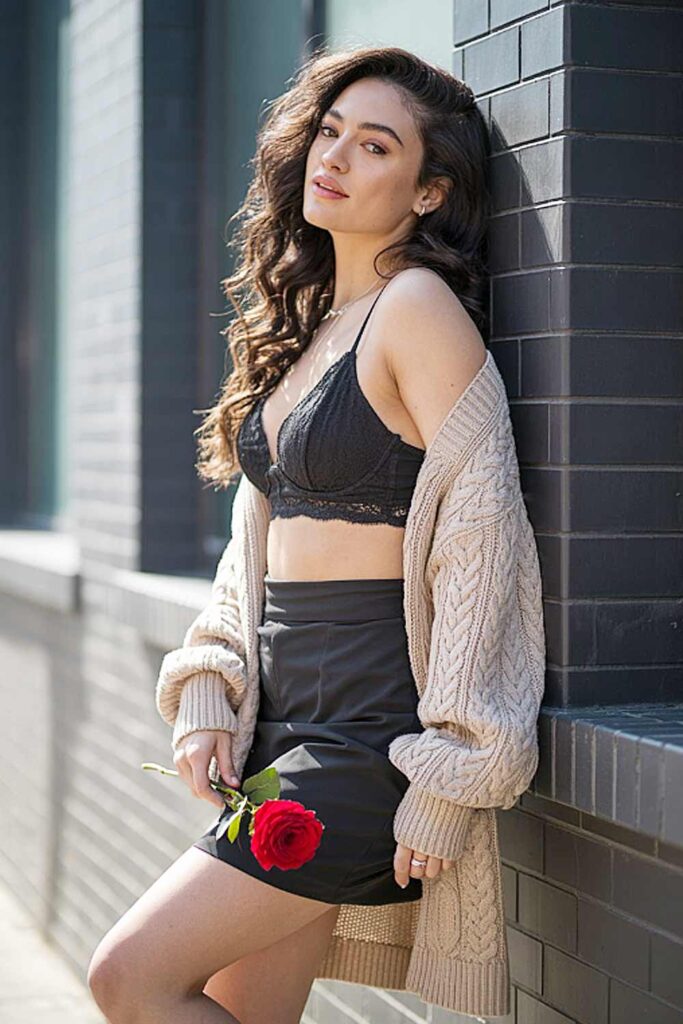Mini Skirt, Bralette and Oversize Knitted Cardigan