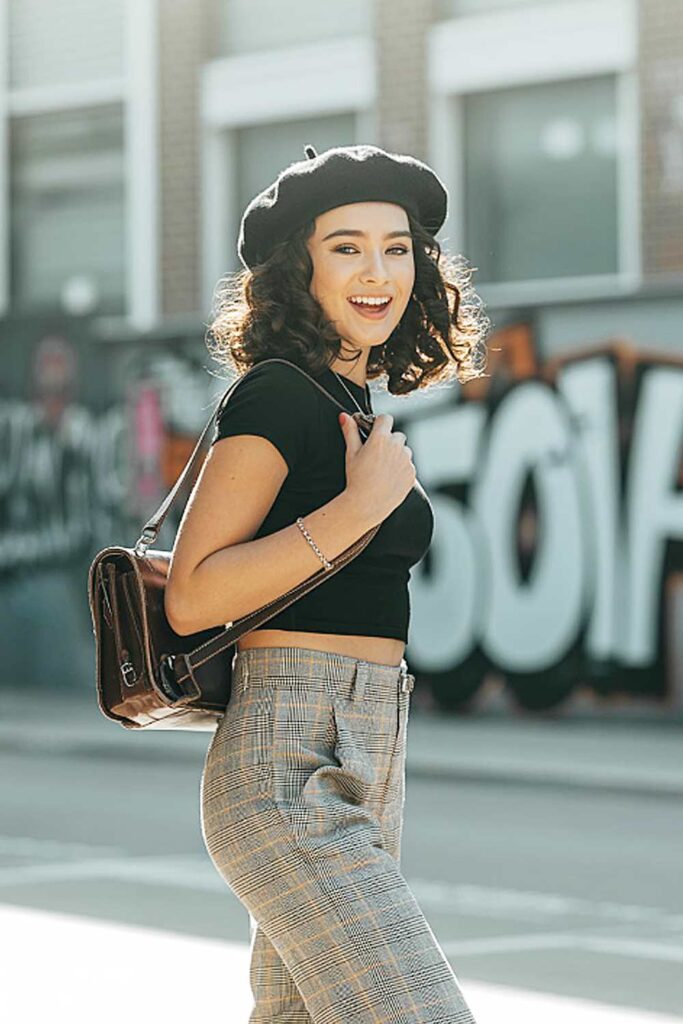 Plaid Pants, Top and Beret School Outfits