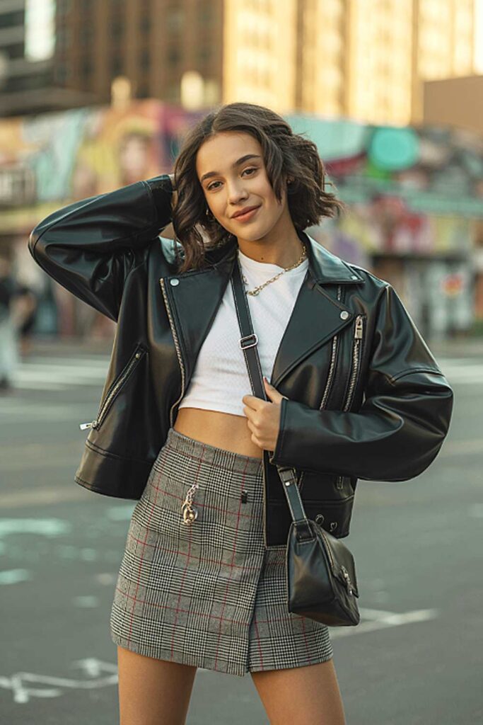 Leather Jacket with Mini Skirt