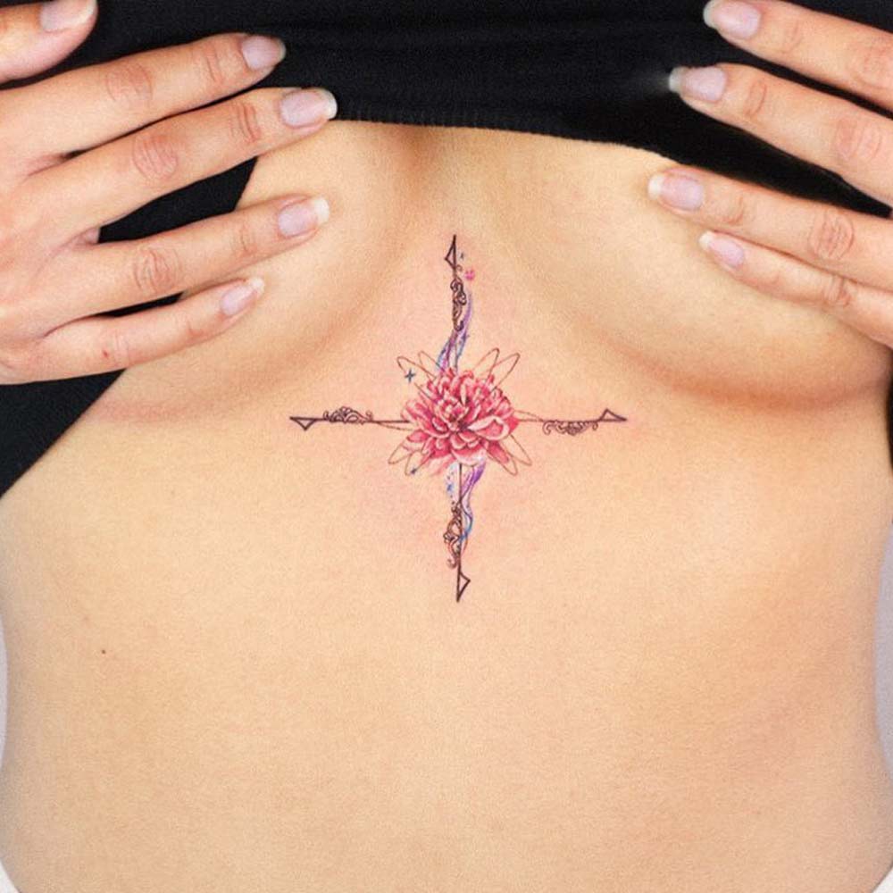 Cross and Peony Sternum Tattoo