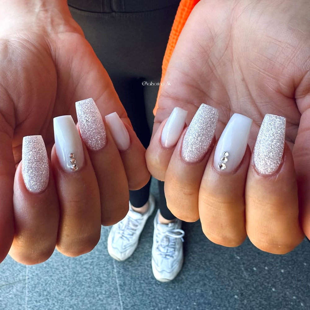 White Glitter Coffin Nails and Swarovski