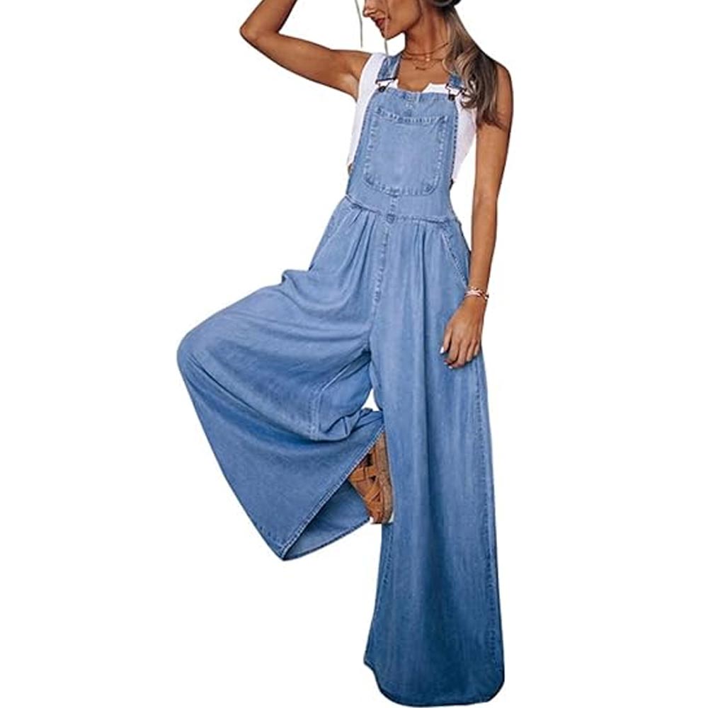 Adjustable Strap Wide Leg Denim Bib Overall