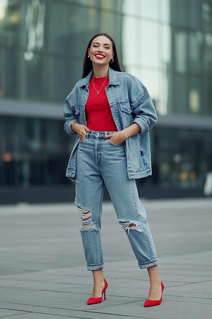Ripped Boyfriend Jeans with Denim Jacket