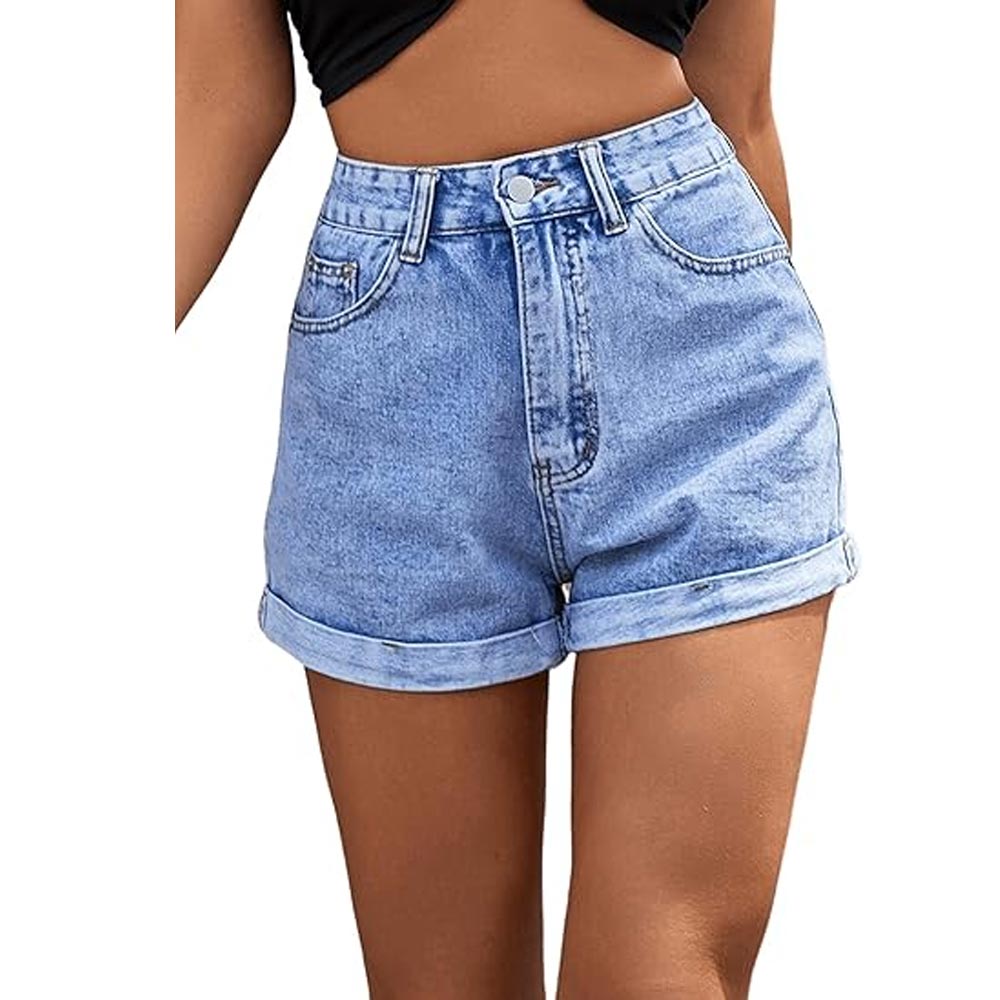 High Rise Roll Up Straight Leg Denim Shorts