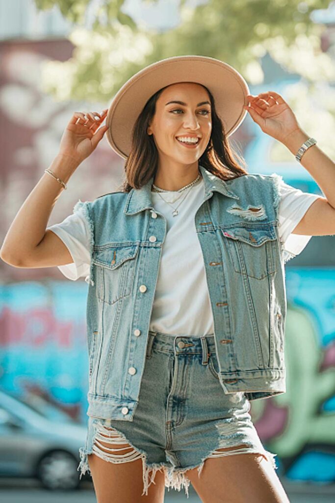 Denim High Waisted Shorts with Vest