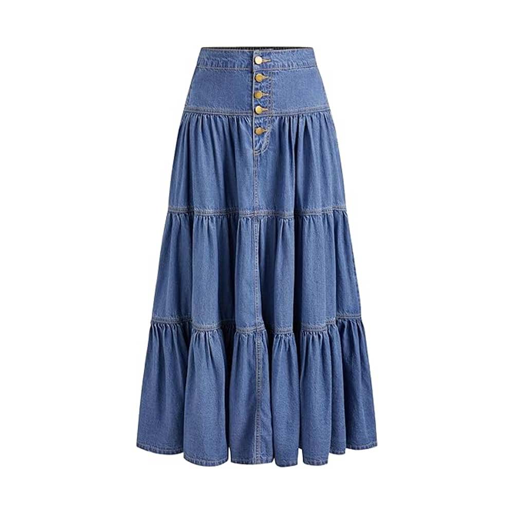 Denim Tiered Button Down High Waisted Maxi Skirt