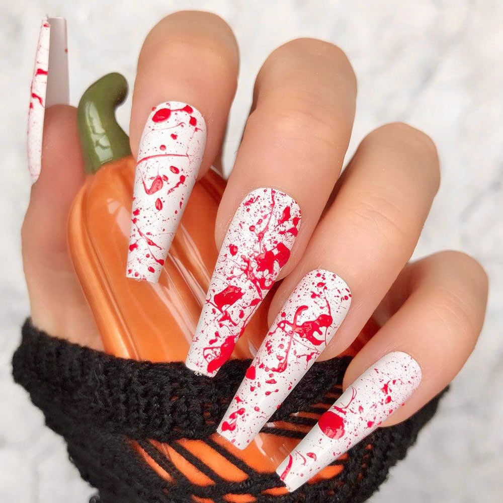 Scary Blood Art with White Long Nails