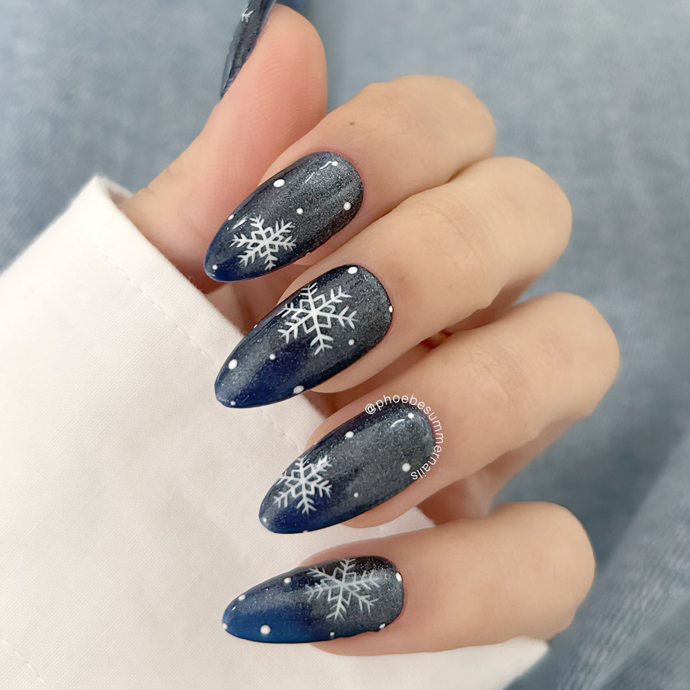 Dark Blue Snowflake Nails for New Year’s Eve