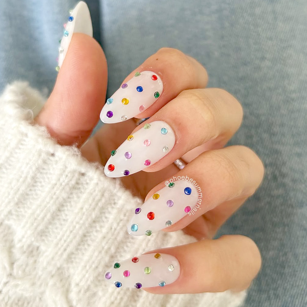 Milky Nails with Colorful Rhinestones