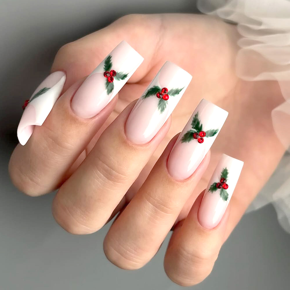 Festive Nude Nails with Holly Details