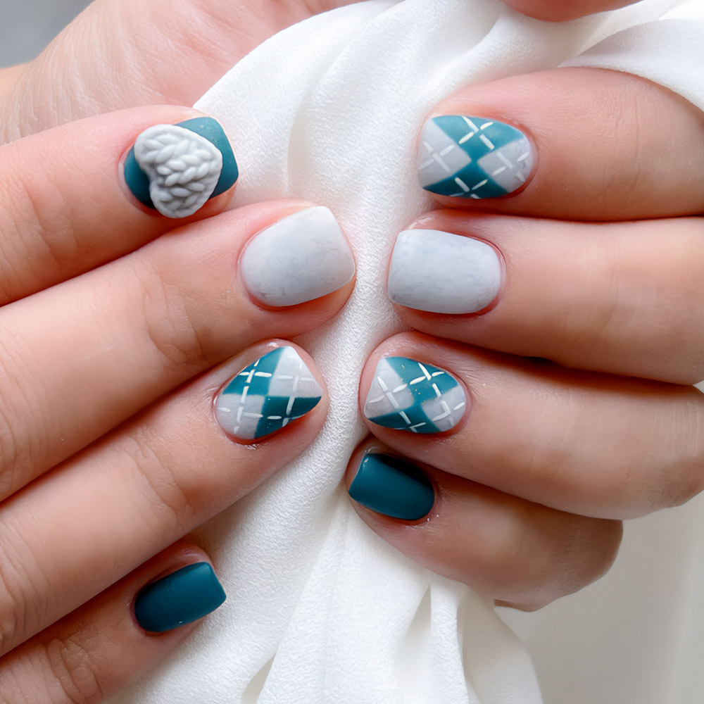 Cozy Teal Winter Nails with Knit & Plaid Accents