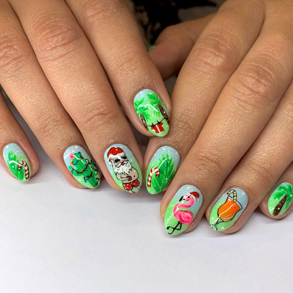 Playful Green Christmas Nails with Festive Characters
