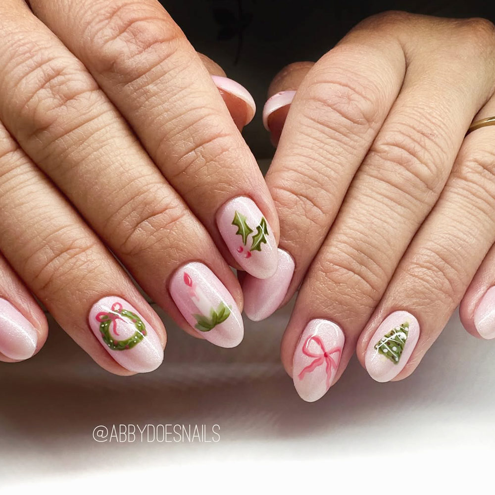 Soft Pink Winter Nails with Hand-Painted Holiday Icons