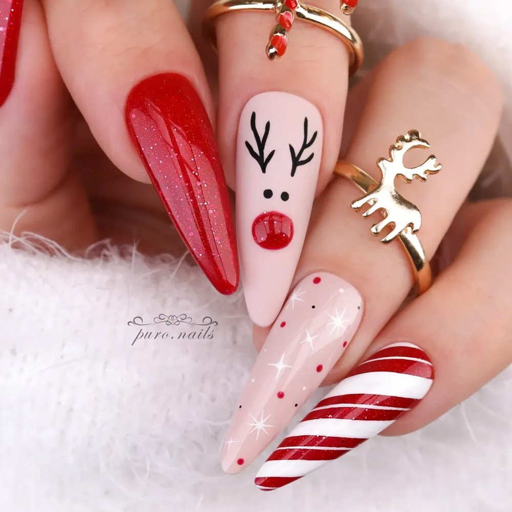 Reindeer & Candy Cane Stiletto Nails