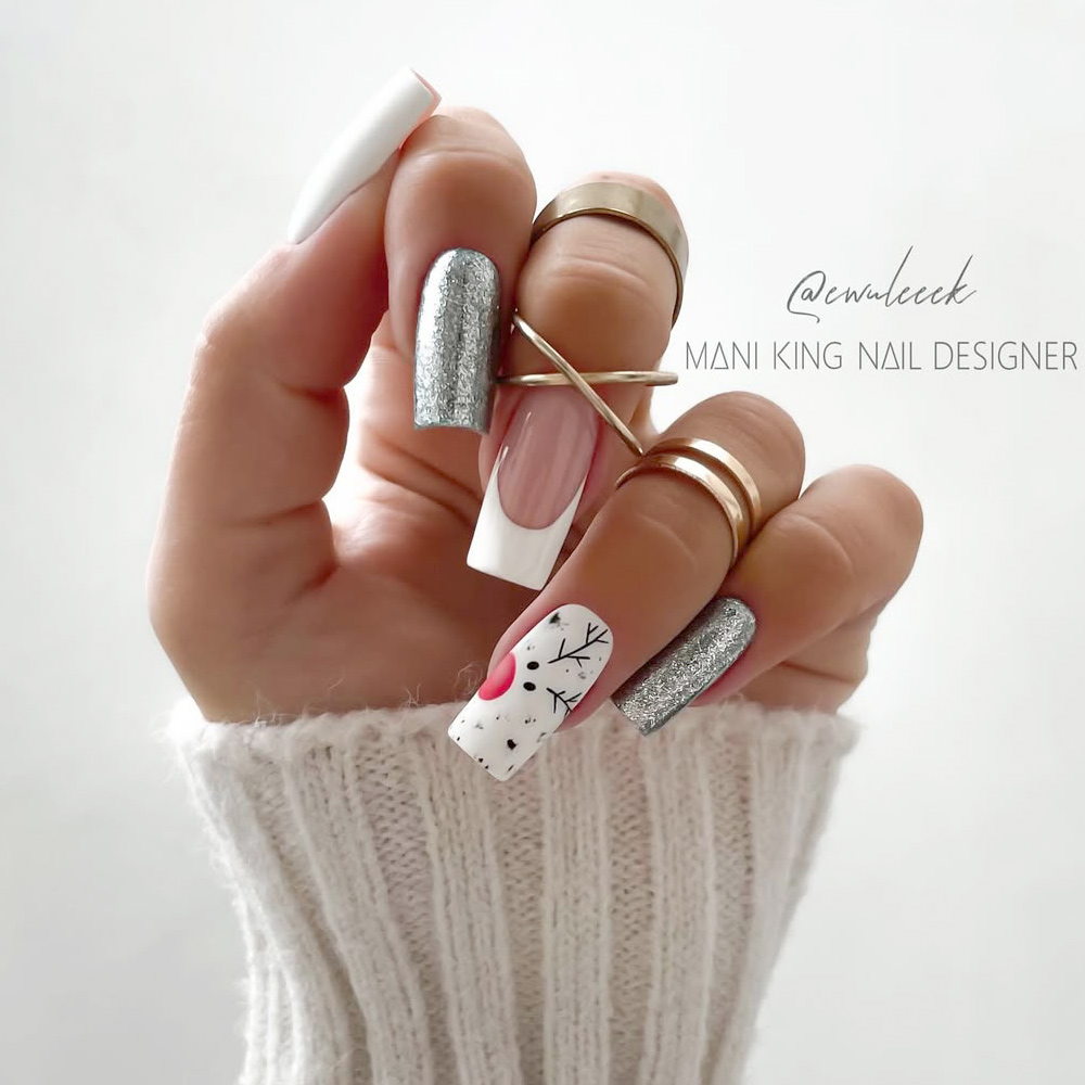 Silver Glitter French with Snowman Accent