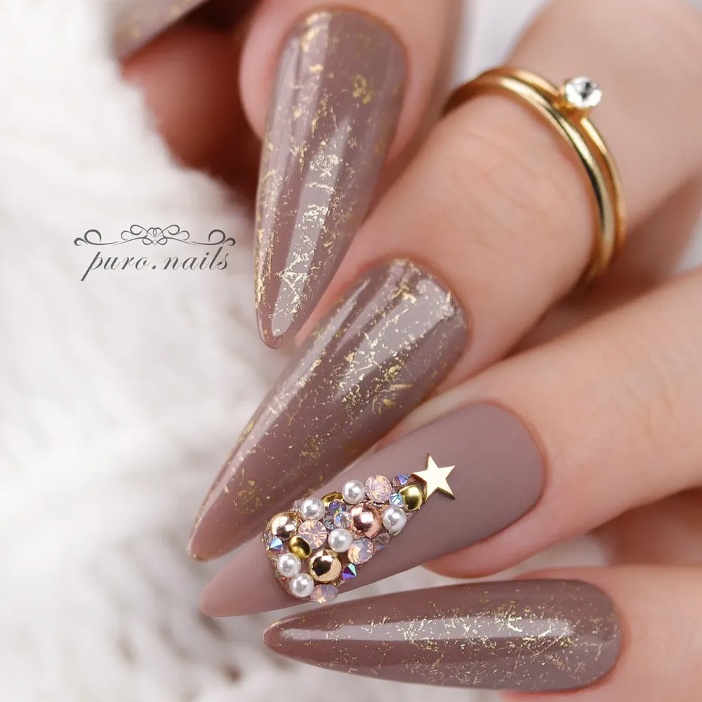Taupe Stiletto Nails with Gold Foil Accents