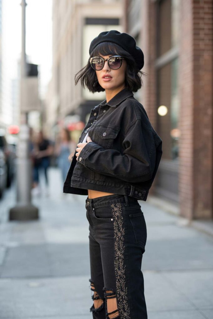 Embroidered Ripped Jeans with Cropped Denim Jacket