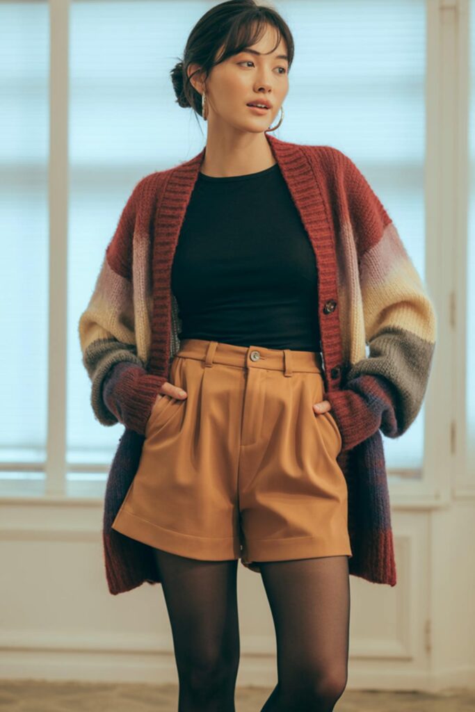 Color-Blocked Cardigan with Tailored Shorts