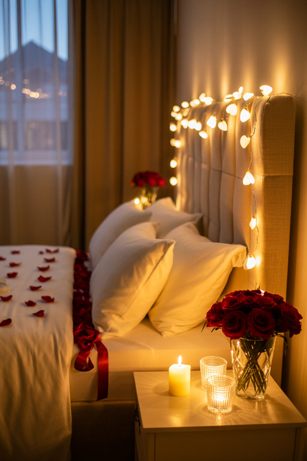 Bedroom Decor With Heart Light Garland, Rose Petals, And Candlelit Nightstand