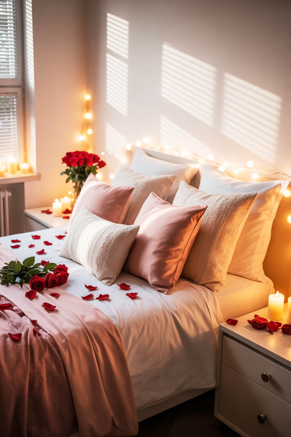 Valentine’s Day Bedroom Decor With String Lights, Roses, And Flower Accents