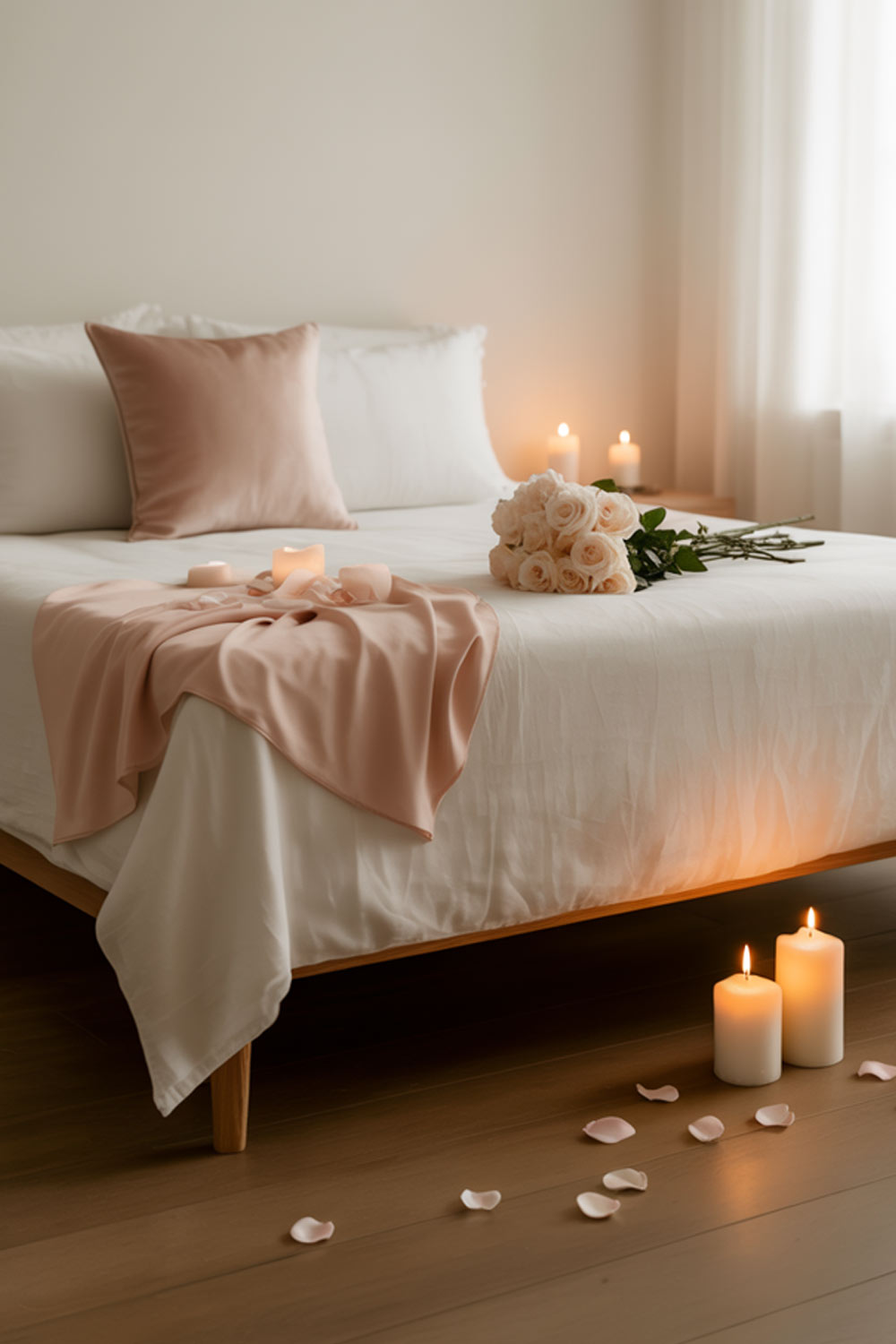 Minimalist Bedroom Setup With Candles, Flowers, And Soft Pink Bedding