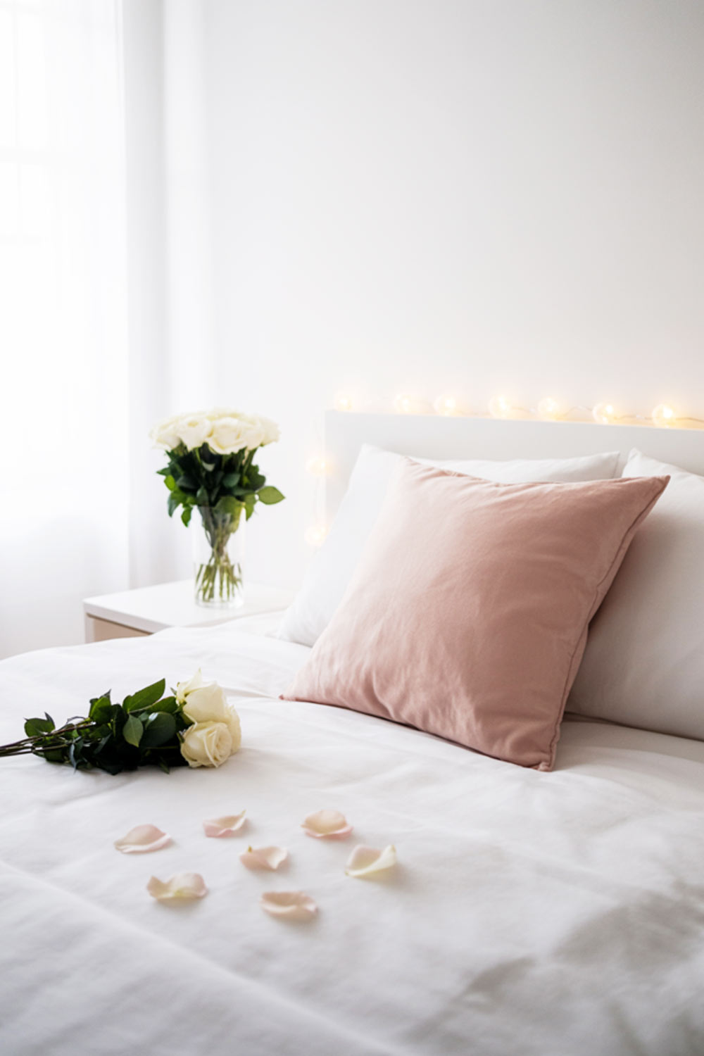Minimalistic Bedroom Decor With Soft Lights And White Roses On The Bed