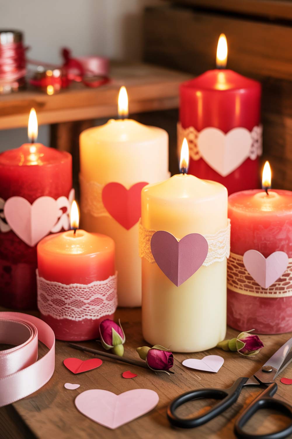 Decorated Candles With Paper Hearts For A Valentine’s Day Display