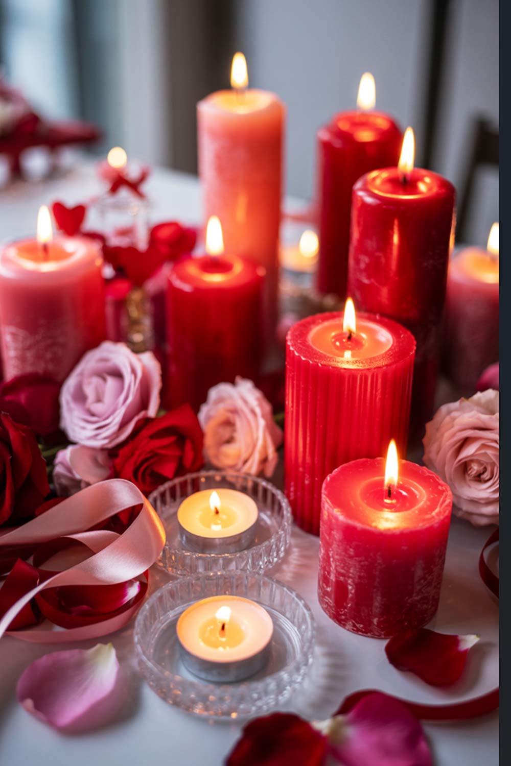 Red Candle Decor With Roses And Scattered Petals