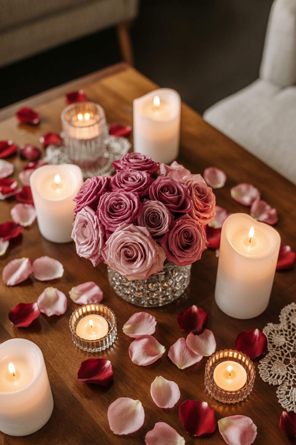 Coffee Table Decor With Candles And A Pink Rose Bouquet
