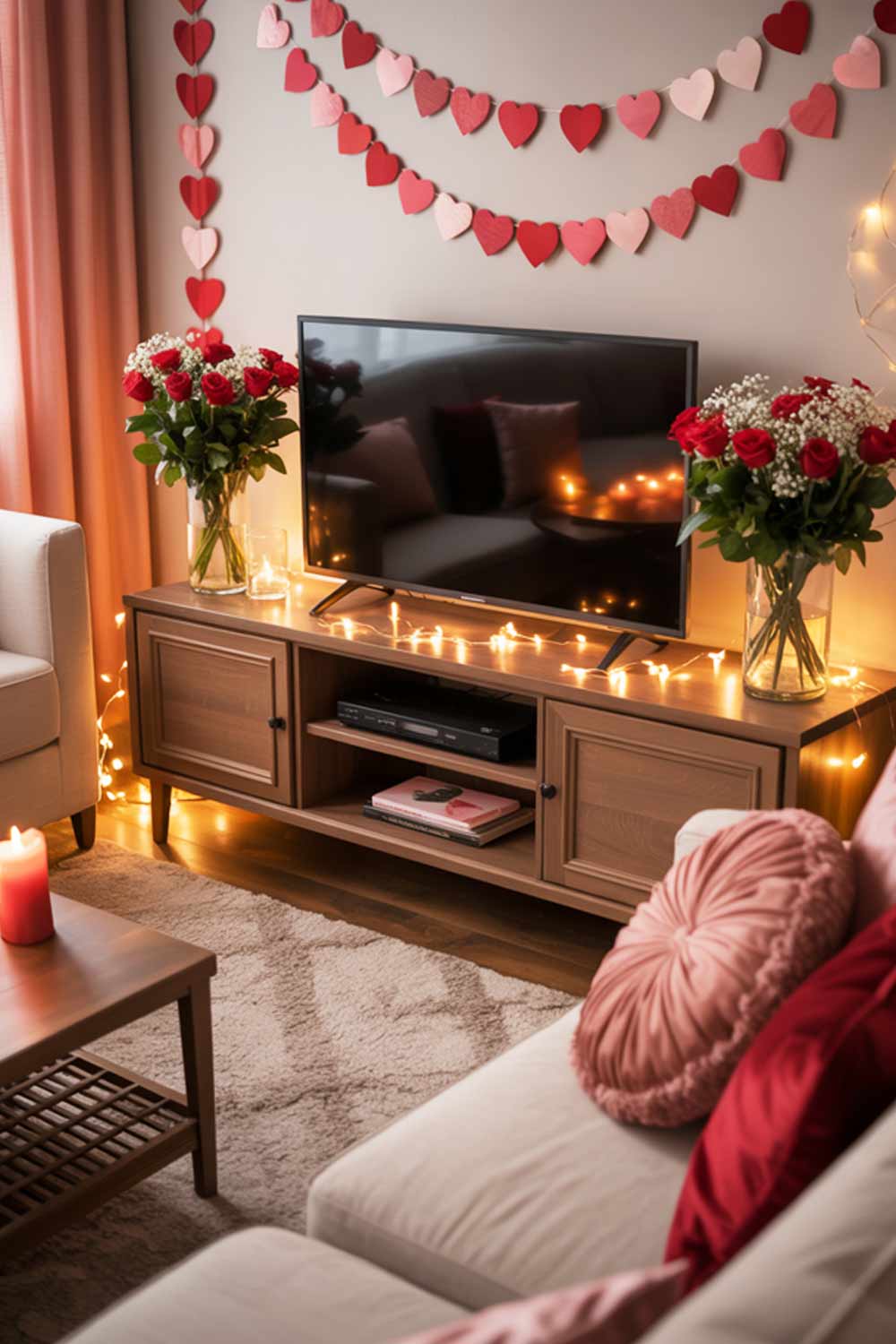 Valentine’s Day Living Room Decor With Heart Garlands, Flowers, And Fairy Lights