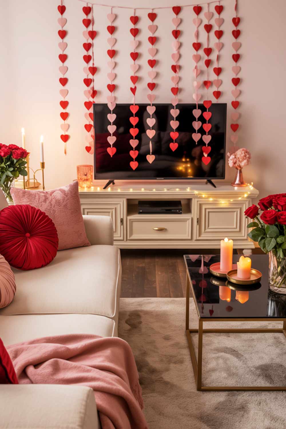 Living Room Decor With Paper Heart Garlands, Candles, And String Lights