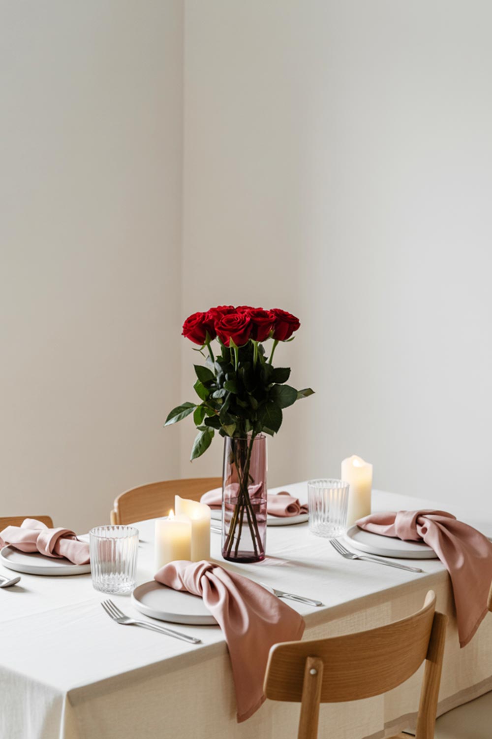 Dining Table Decor With Red Roses, Candles, And Soft Pink Napkins