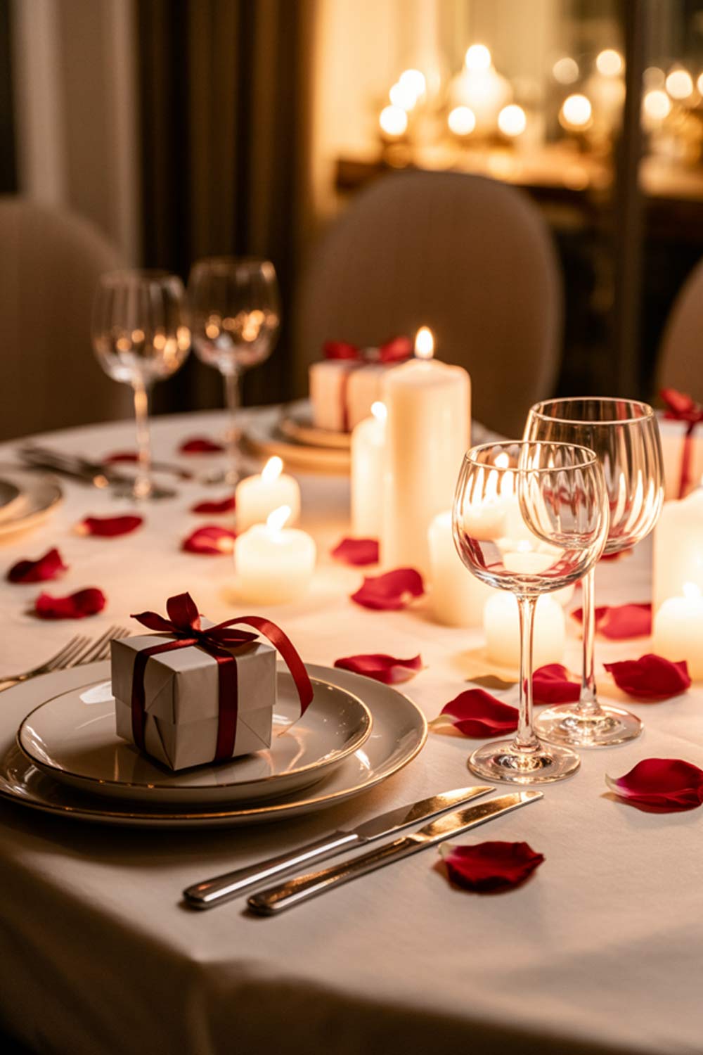 Romantic Dining Table Setup With Candles, Rose Petals, And A Gift Box
