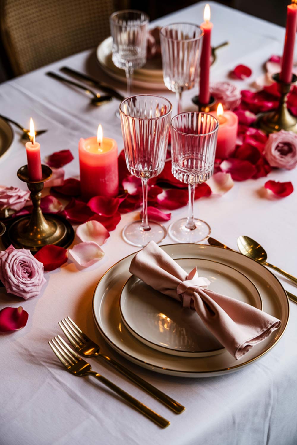 Valentine’s Day Dining Table Decor With Candles, Pink Napkins, Roses, And Glassware