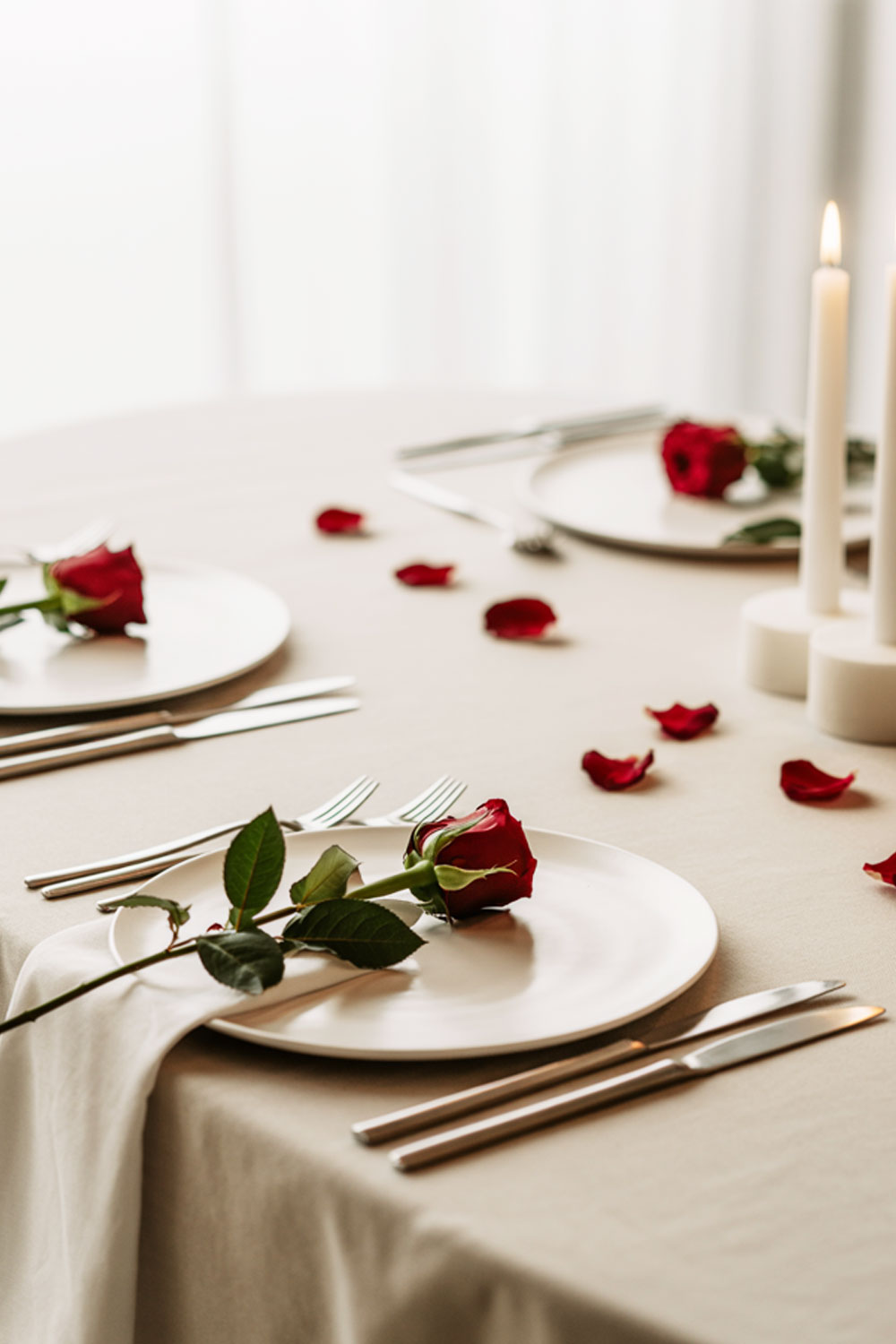 Valentine’s Day Dining Table With Red Roses And Rose Petals